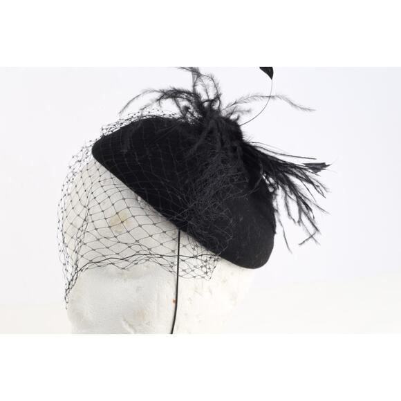 Vintage Black Cocktail Pillbox Fascinator Hat With Birdcage Veil & Feather main image 8